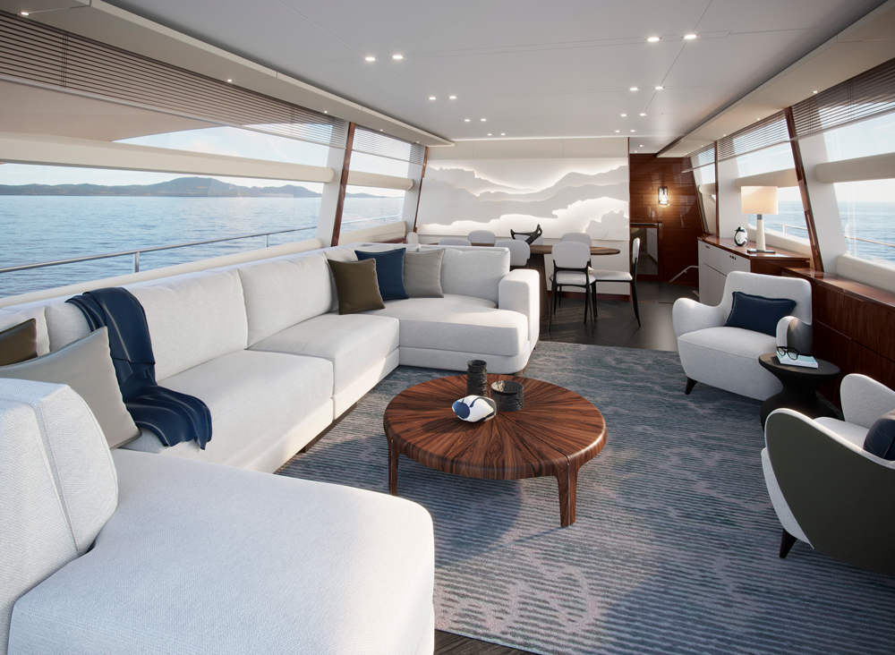 Modern yacht interior saloon in grey and white colours