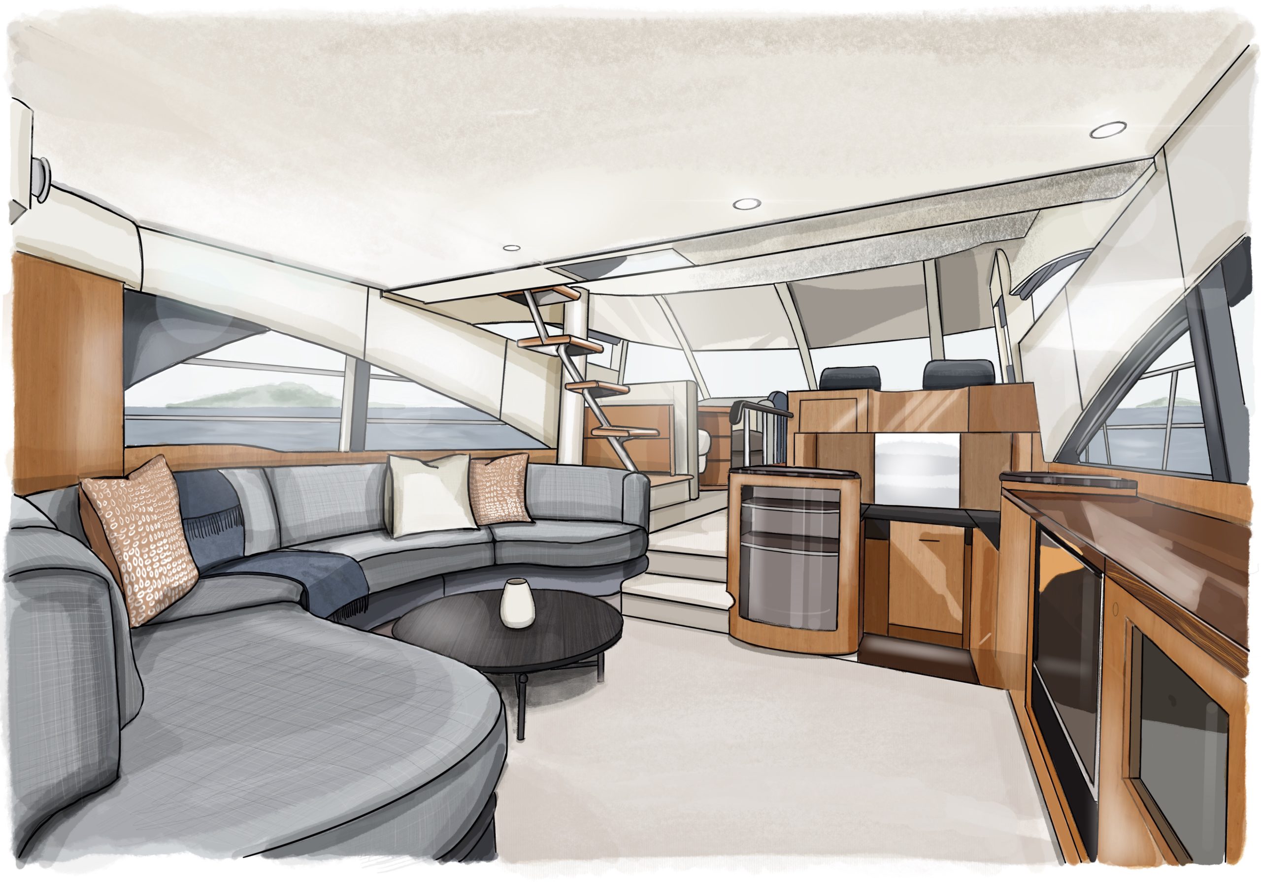 Colourful sketch drawing of a Fairline 58 Yacht redesign