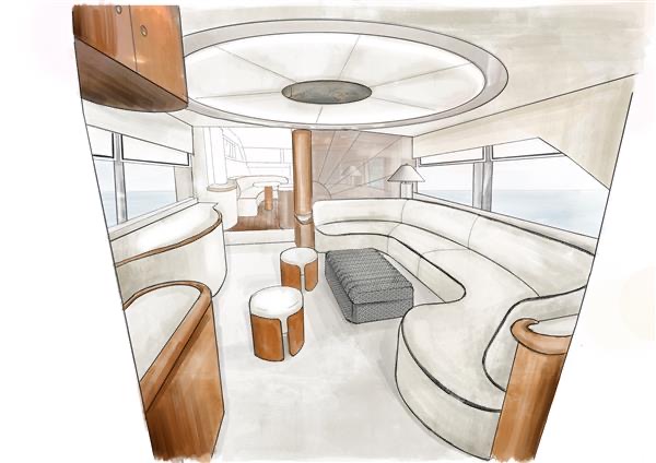 Original sketch of yacht interior design showing the galley sofa, lighting and bespoke furniture fittings