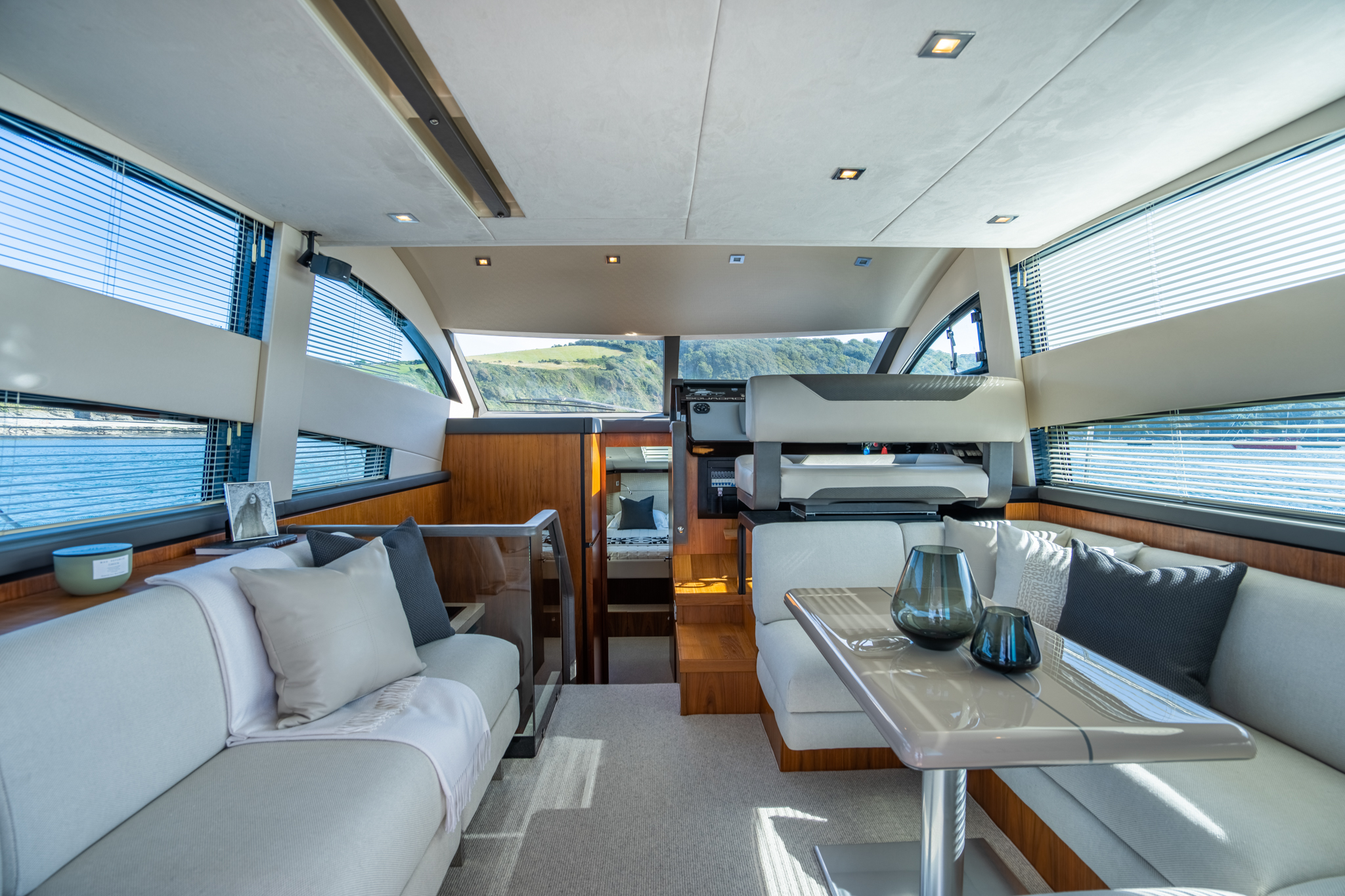 A modern and sleek yacht saloon interior after a yacht refit from setag