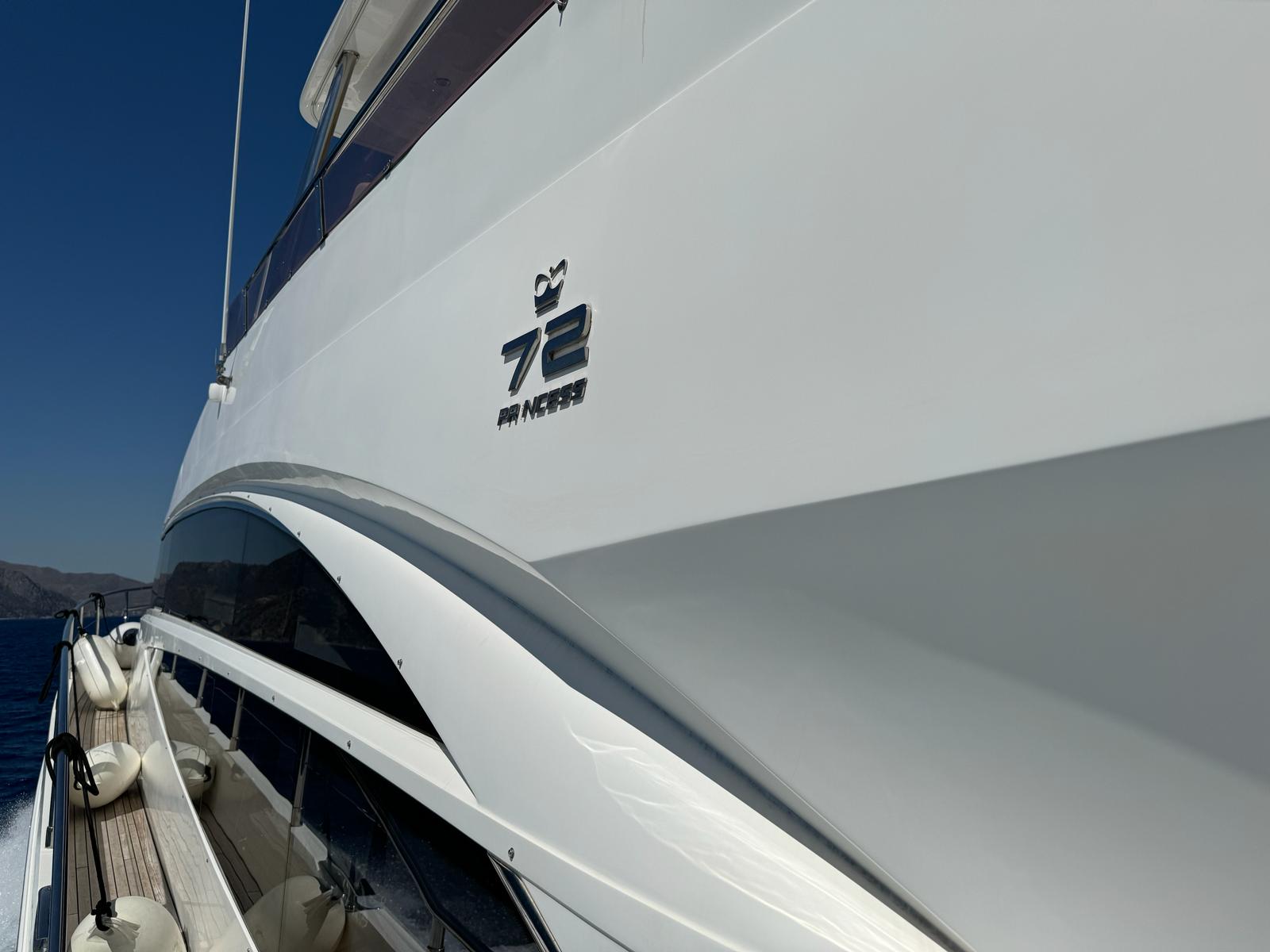 The side of a Princess 72 yacht